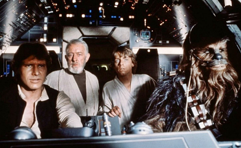 Mark Hamill, Harrison Ford, Alec Guinness, Peter Mayhew ve filmu Star Wars: Epizoda IV - Nová naděje / Star Wars